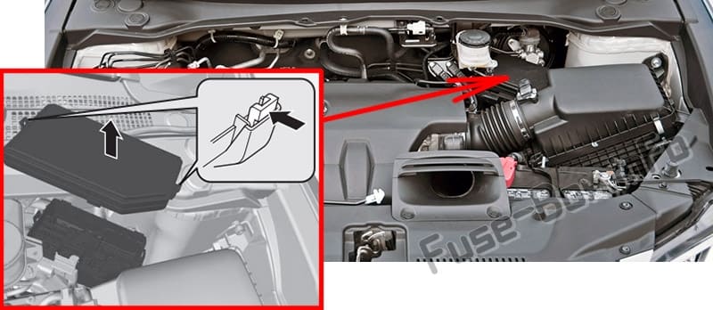The location of the fuses in the engine compartment: Acura RDX (2013-2018)