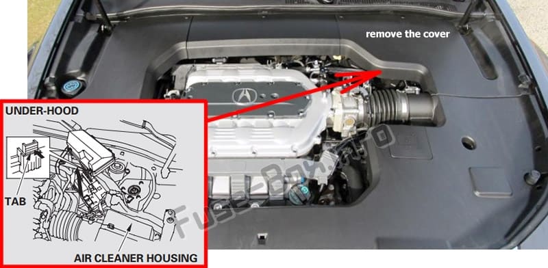 The location of the fuses in the engine compartment: Acura TL (UA8/UA9; 2009-2014)
