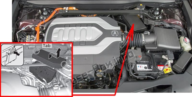 The location of the fuses in the engine compartment: Acura TLX (2014-2019...)