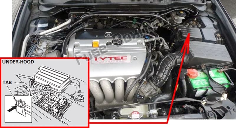 The location of the fuses in the engine compartment: Acura TSX (CL9; 2004-2008)