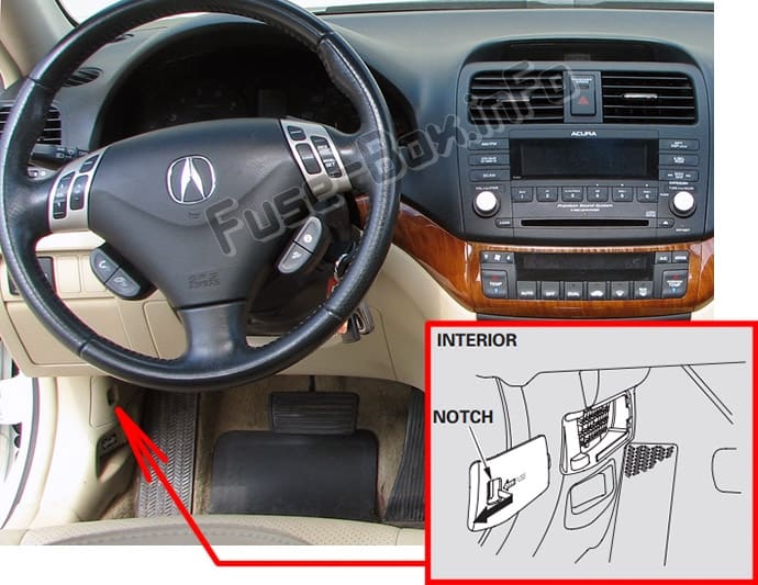The location of the fuses in the passenger compartment: Acura TSX (CL9; 2004-2008)