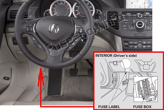 The location of the fuses in the passenger compartment: Acura TSX (CU2; 2009-2014)