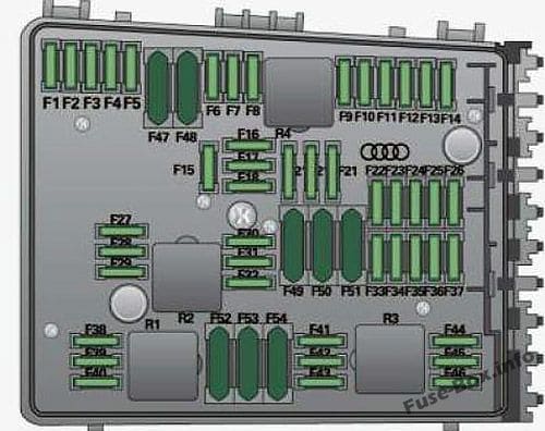 Fuse box diagram (Engine compartment, variant with 54 Plug-in Fuses): Audi A3 / S3 (8P; 2009)
