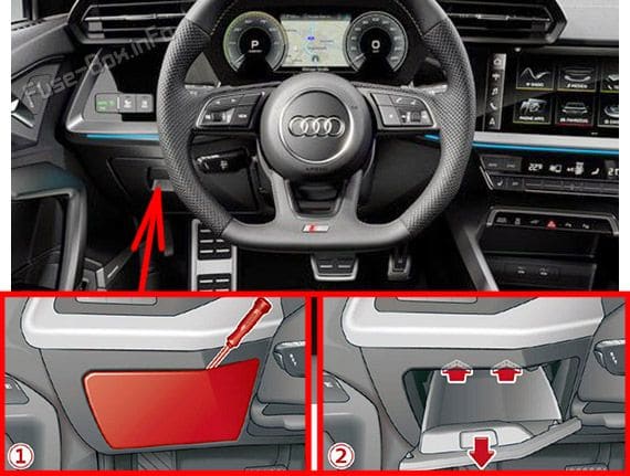 The location of the fuses in the passenger compartment (LHD): Audi A3 / S3 (2020, 2021, 2022)