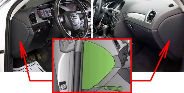 The location of the fuses in the passenger compartment: Audi A4/S4 (B8/8K; 2008-2016)
