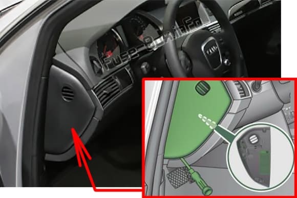 The location of the fuses in the passenger compartment (left): Audi A6 / S6 (2008-2011)