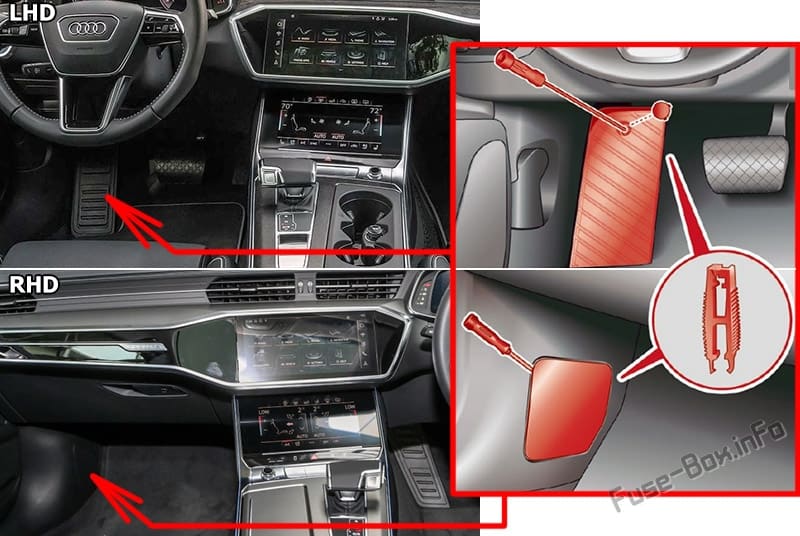 The location of the fuses in the passenger compartment: Audi A7 / S7 (2018, 2019, 2020...)