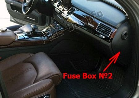 The location of the fuses in the passenger compartment: Audi A8 / S8 (D4/4H; 2011, 2012, 2013, 2014, 2015, 2016, 2017)