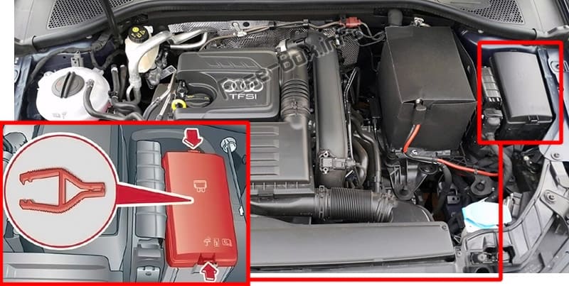 The location of the fuses in the engine compartment: Audi Q3 (2018-2020..)