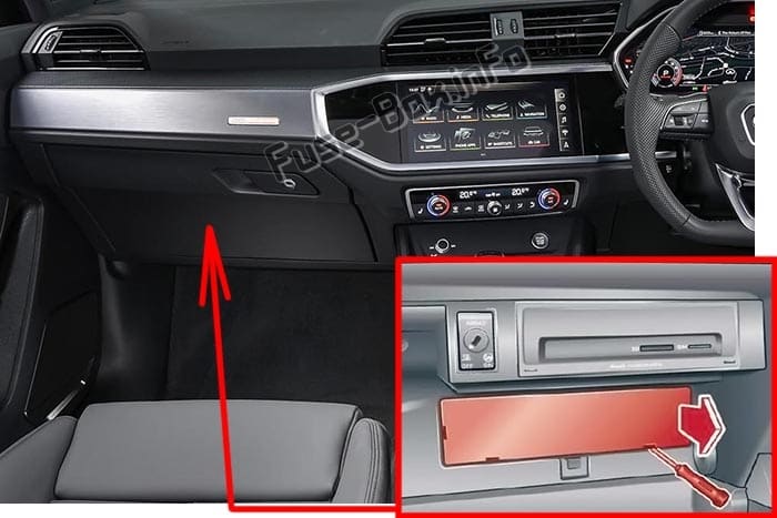The location of the fuses in the passenger compartment (RHD): Audi Q3 (2018-2020..)