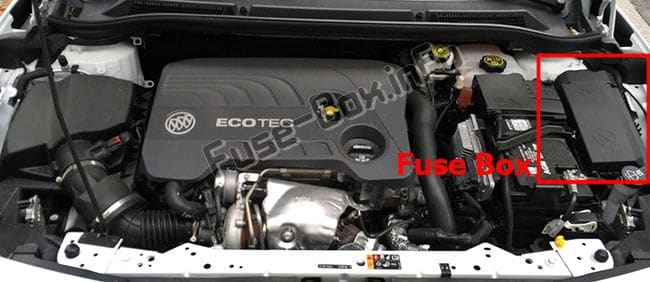 The location of the fuses in the engine compartment: Buick Cascada (2016, 2017, 2018, 2019-..)