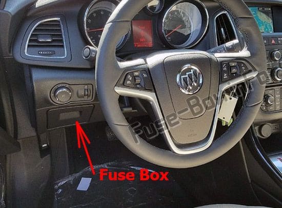 The location of the fuses in the passenger compartment: Buick Cascada (2016, 2017, 2018, 2019-..)
