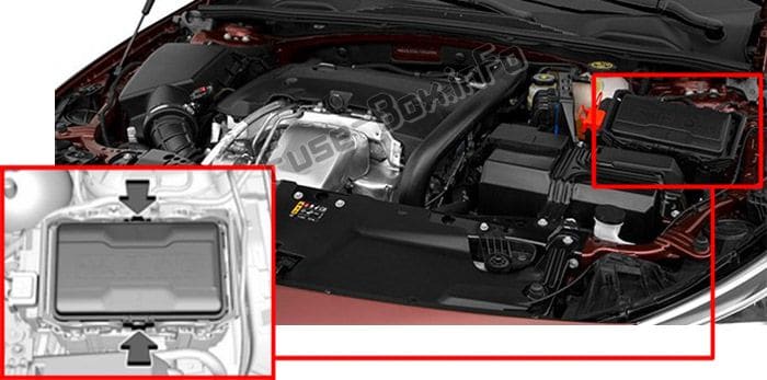 The location of the fuses in the engine compartment: Buick Regal (2018, 2019-...)