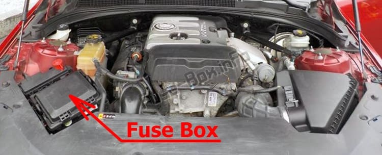 The location of the fuses in the engine compartment: Cadillac ATS (2013-2018)
