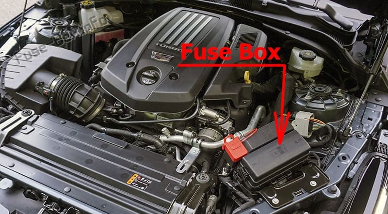 The location of the fuses in the engine compartment: Cadillac CT4 (2020, 2021)