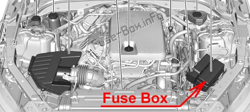 The location of the fuses in the engine compartment: Cadillac CT5 (2020)
