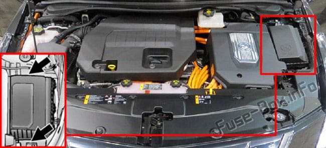 The location of the fuses in the engine compartment: Cadillac ELR