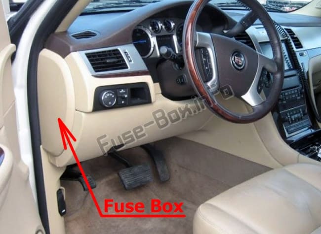 The location of the fuses in the passenger compartment: Cadillac Escalade (GMT 900; 2007-2014)