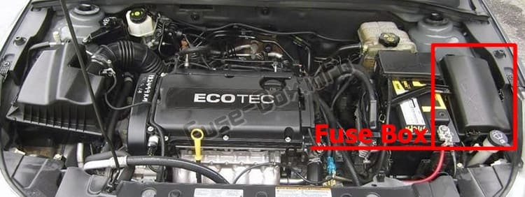 The location of the fuses in the engine compartment: Chevrolet Cruze (J300; 2008-2016)