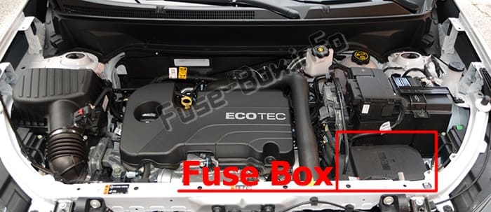 The location of the fuses in the engine compartment: Chevrolet Equinox