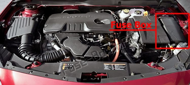 The location of the fuses in the engine compartment: Chevrolet Malibu (2013-2016)