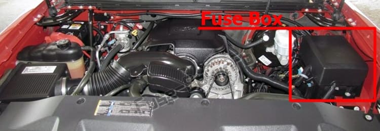 The location of the fuses in the engine compartment: Chevrolet Silverado (mk2; 2007-2013)