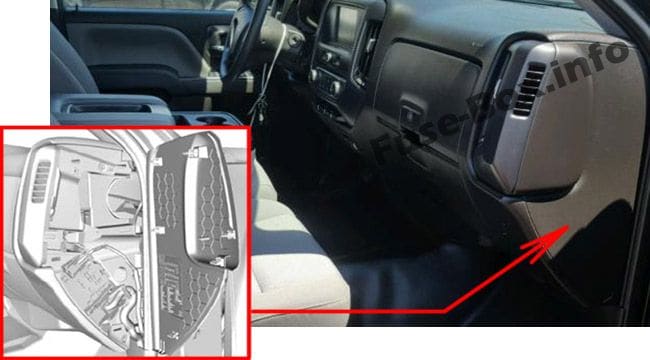 The location of the fuses in the passenger compartment: Chevrolet Silverado (2014, 2015, 2016, 2017, 2018)