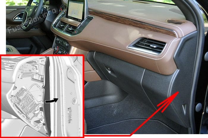 The location of the fuses in the passenger compartment: Chevrolet Tahoe / Suburban (2021, 2022)