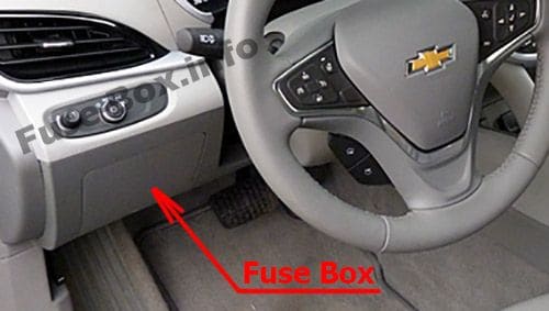 The location of the fuses in the passenger compartment: Chevrolet Volt (2016, 2017, 2018, 2019)