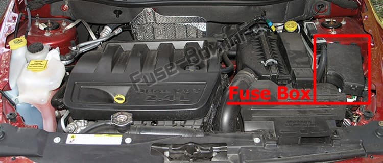 The location of the fuses in the engine compartment:Dodge Caliber (2006-2012)