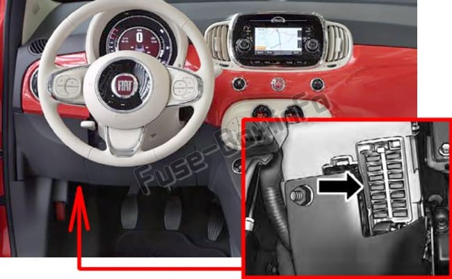The location of the fuses in the passenger compartment: Fiat 500 / 500C (2008-2018)