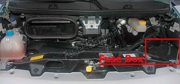 The location of the fuses in the engine compartment: Fiat Ducato (2007, 2008, 2009, 2010, 2011, 2012, 2013, 2014)
