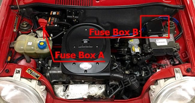 The location of the fuses in the engine compartment: Fiat Seicento / 600 (2007, 2008, 2009, 2010)