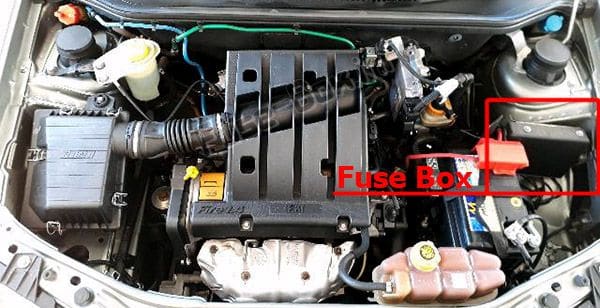 The location of the fuses in the engine compartment: Fiat Strada (2007-2017)