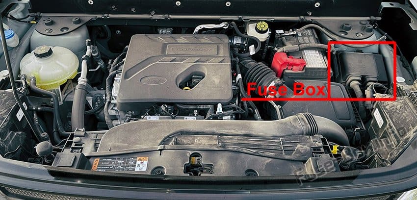 The location of the fuses in the engine compartment: Ford Bronco Sport (2021)