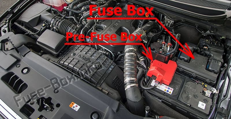 The location of the fuses in the engine compartment: Ford Everest (2015-2019..)