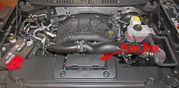 The location of the fuses in the engine compartment: Ford Expedition (U324; 2015-2017)