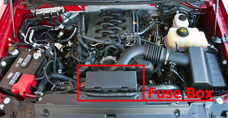 The location of the fuses in the engine compartment: Ford F-150 (2009-2014)
