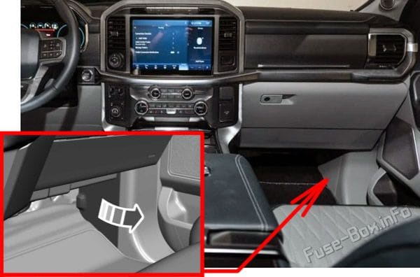 The location of the fuses in the passenger compartment: Ford F-150 (2021, 2022)