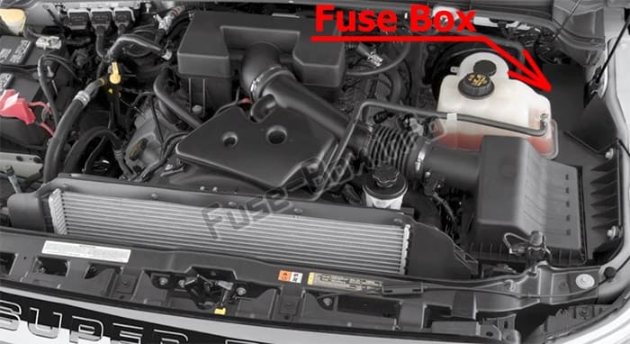 The location of the fuses in the engine compartment: Ford F-250 / F-350 / F-450 / F-550 (2013-2015)