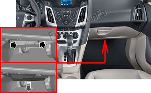 The location of the fuses in the passenger compartment: Ford Focus (2012-2014)