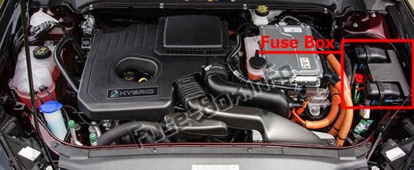 The location of the fuses in the engine compartment: Ford Fusion Hybrid / Energi (2016, 2017, 2018)