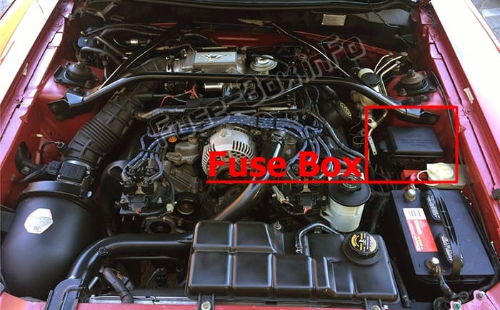 The location of the fuses in the engine compartment: Ford Mustang (1996, 1997)