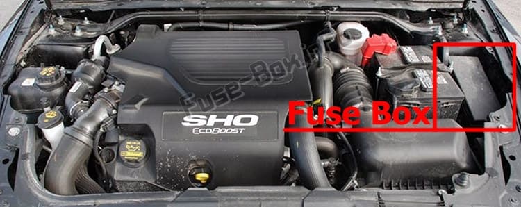 The location of the fuses in the engine compartment: Ford Taurus (2013-2019)