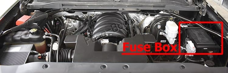 The location of the fuses in the engine compartment: GMC Sierra (mk4; 2014-2018..)