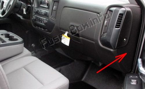 The location of the fuses in the passenger compartment: GMC Sierra (2014, 2015, 2016, 2017, 2018, 2019)
