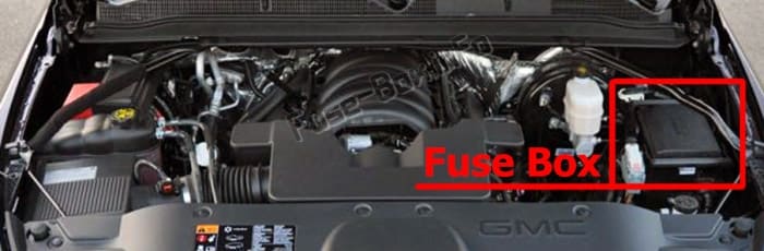 The location of the fuses in the engine compartment: GMC Yukon (2015-2018..)