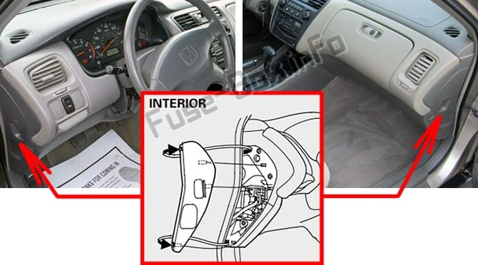 The location of the fuses in the passenger compartment: Honda Accord (1998-2002)