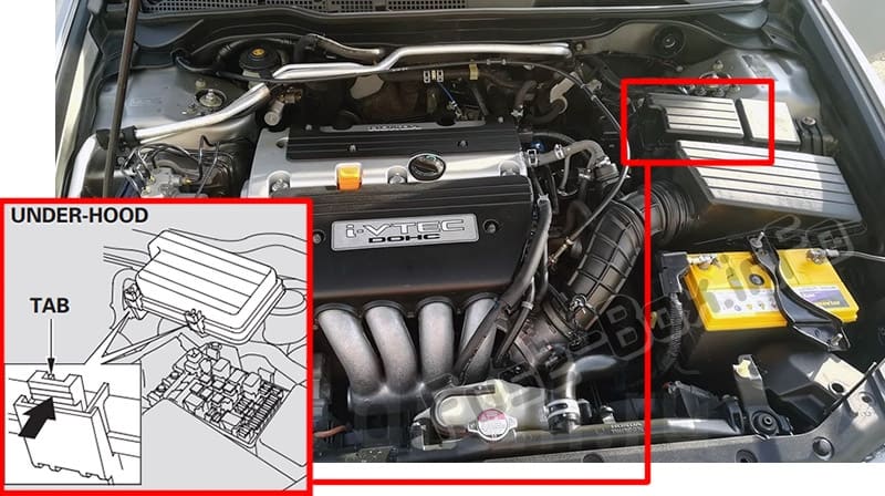 The location of the fuses in the engine compartment: Honda Accord (2003-2007)