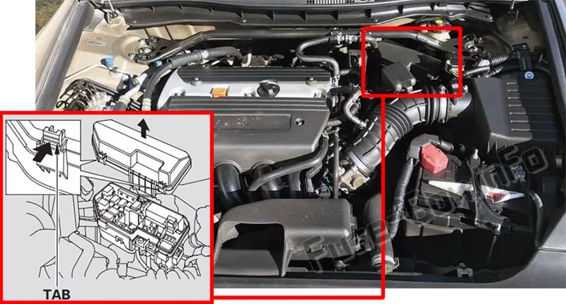The location of the fuses in the engine compartment: Honda Accord (2008-2012)